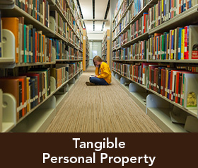 Rollover image of a student studying in a library. Link to Tangible Personal Property.